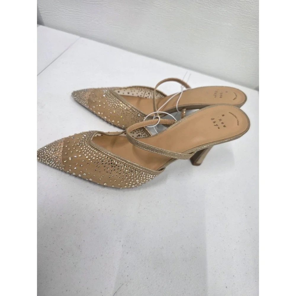 A New Day Womens Gold Rhinestone Mesh Pointed Toe Pumps Stiletto Heels Size 11